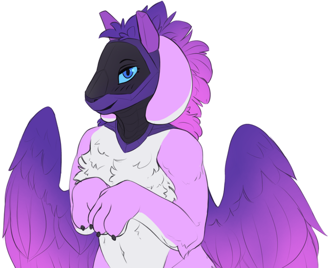 Aurorah, a pink and purple winged synth creature, smiling with paws together