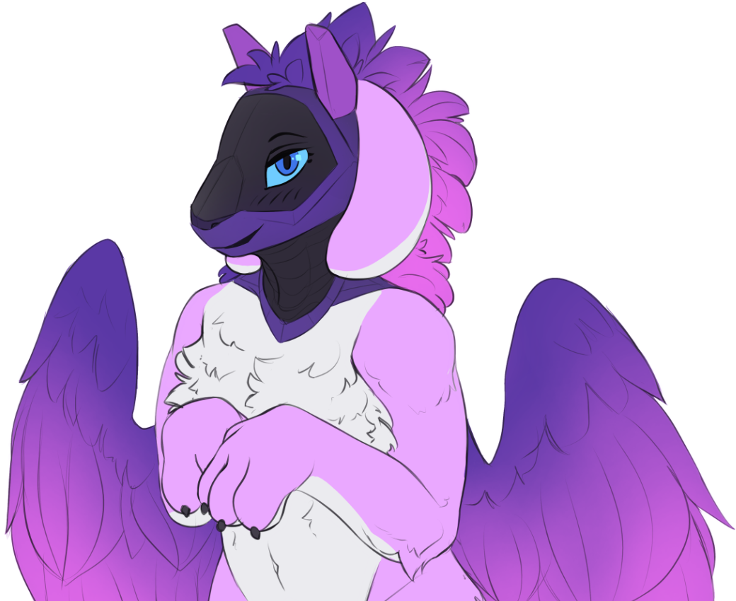 Aurorah, a pink and purple winged synth creature, smiling with paws together